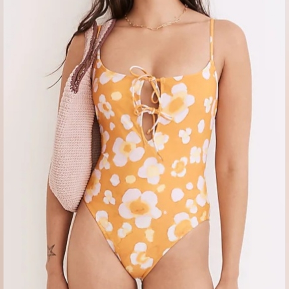 🐡MADEWELL SECOND WAVE TIE-FRONT ONE-PIECE SWIMSUIT IN WATERCOLOR FLORAL
